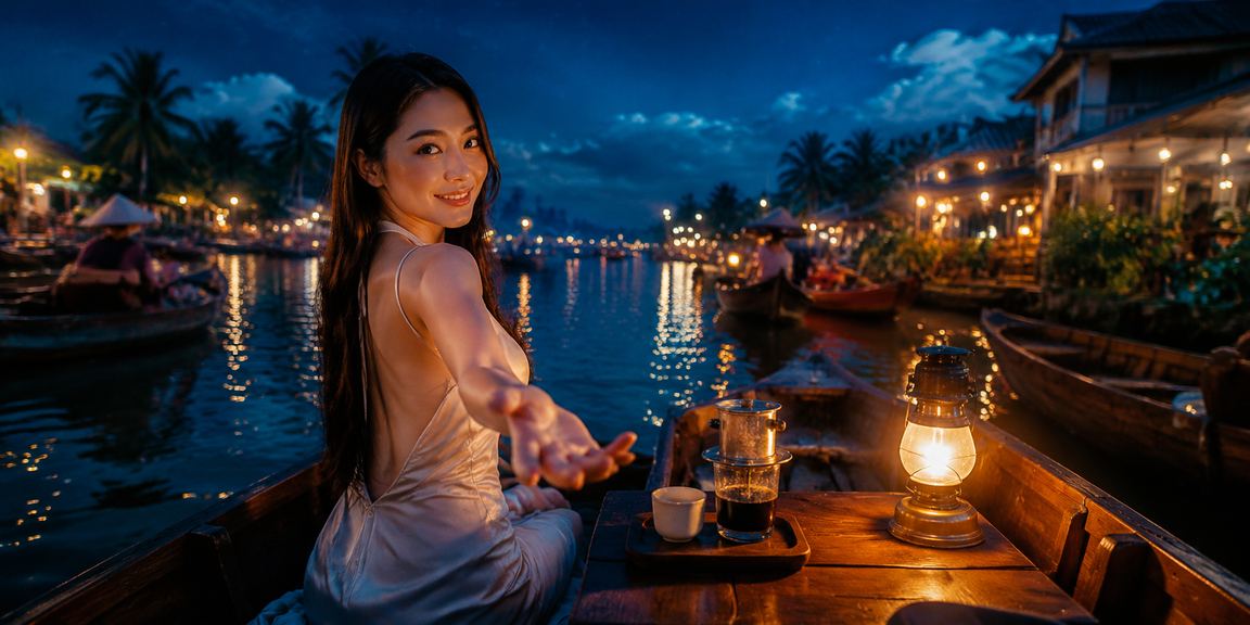Người dùng miền Tây thư giãn với cà phê và theo dõi trò chơi casino trên điện thoại bên sông Mekong